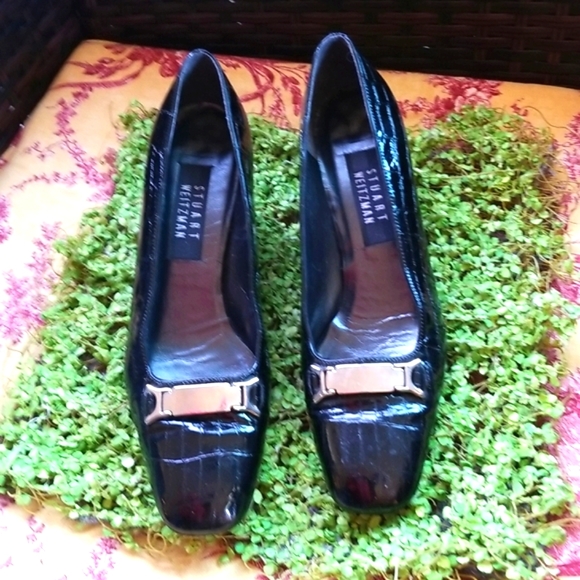 STUART WEITZMAN Crocodile Black Patent Leather Silver Buckle Pump Heels Shoes 8N - Picture 2 of 12